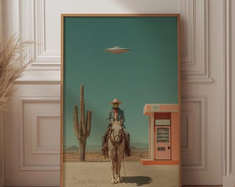 Cowboy Frog on Horse Print, Wes Anderson Style, UFO Desert Art, Pink Vending Machine Poster, Retro Sci-Fi Western, Funny Animal Wall Decor