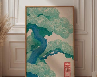 Ukiyo-e Japanese Tree Wall Art, Stylized Pine Print, Vintage Asian Nature Poster, Japandi Zen Decor, Woodblock Style Art, Swirl Tree Print