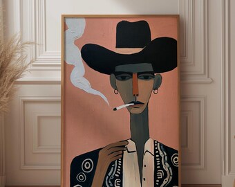 Smoking Cowboy Wall Art, Abstract Western Portrait Print, Pink Background Poster, Quirky Folk Art Decor, Modern Ranch Art, Stylized Cowboy