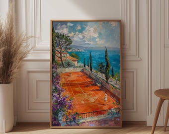 Impressionist Tennis Court Art Print, Coastal Riviera Oil Painting Style Poster, Mediterranean Summer Decor, Old Money Aesthetic Wall Art
