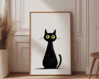 Minimalist Black Cat Print, Charcoal Sketch Art, Funny Cat Poster with Yellow Eyes, Scandi Nursery Decor, Cute Halloween Wall Art, Simple