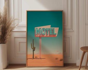 Motel Sign Art Print, Retro Route 66 Decor, Pink and Teal Desert Poster, Vintage Neon Sign Art, Quirky Saguaro Cactus