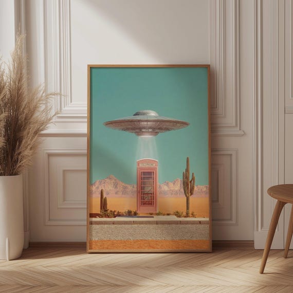 Surreal Desert Wall Art, Pink Phone Booth Print, Retro UFO Poster, Pastel Sci-Fi Decor, Mid Century Modern Cactus Whimsical Alien Art Cosmic