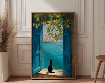 Black Cat Window Art Print, Impressionist Lemon Tree Poster, Amalfi Coast Wall Art, Blue Shutters Decor, Italian Summer Painting