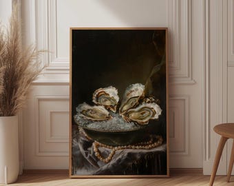 Dutch Golden Age Oyster Art Print, Dark Academia Still Life Poster, Moody Pearl Wall Art, Vintage Kitchen Decor, Baroque Painting Style