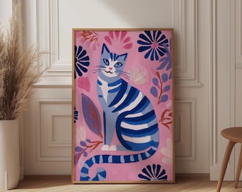 Matisse Blue Cat Print, Pink Floral Wall Art, Funky Animal Poster, Danish Pastel Aesthetic, Naive Art, Cute Nursery Decor, Maximalist