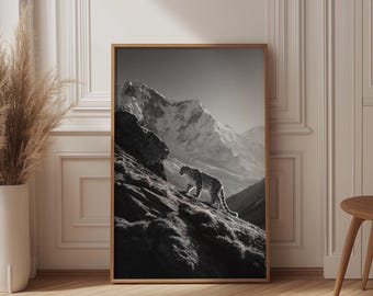 Black and White Snow Leopard Print, Majestic Himalayan Mountain Wall Art, Monochrome Wildlife Poster, Minimalist Nature Decor