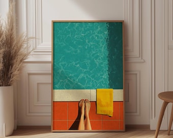 Poolside Summer Print, Minimalist Swimming Pool Art, Terracotta and Blue, David Hockney Style, Pop Art Poster, Bathroom Wall Decor, Retro