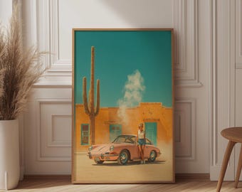 Pink Retro Sports Car Print, Pastel Desert Wall Art, Mid Century Modern Decor, Cinematic Aesthetic Poster, 1950s Style Travel Print