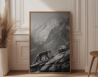 Black and White Snow Leopard Print, Majestic Mountain Landscape Wall Art, Monochrome Wildlife  Poster, Minimalist Nature Decor
