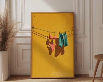 Summer Laundry Art Print, Bikini on Clothesline, Minimalist Yellow Wall, Beach House Decor, Swimwear Poster, Boho Bathroom, Vacation Vibes