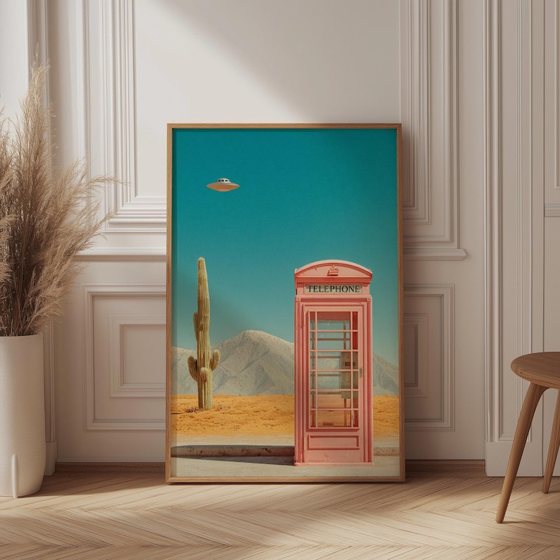 Surreal Desert Wall Art, Pink Phone Booth Print, Retro UFO Poster, Pastel Sci-Fi Decor, Mid Century Modern Cactus, Whimsical Alien Art