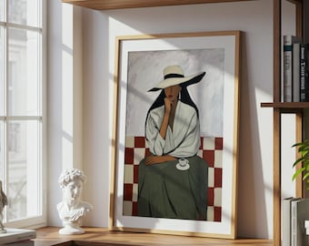 Abstract Woman Coffee Print, Impasto Style Portrait, Elegant Lady Hat Poster, Red Checkered Decor, Modern Cafe Wall Art, Boho Chic Poster