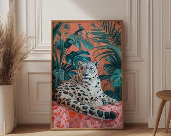 Matisse Style Snow Leopard Print, Colorful Jungle Wall Art, Fauvism Painting Poster, Maximalist Boho Decor, Pink and Teal Animal Art