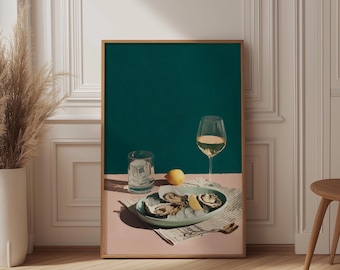 Minimalist Oyster Art Print, Modern Gouache Still Life Poster, Seafood and Wine Wall Art, Trendy Kitchen Decor, Coastal Bar Cart Poster