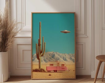 Wes Anderson Style Art, Pink Camper Art Print, Symmetrical Pastel Wall Art, Retro Cinema Poster, Quirky Decor, Asteroid City Style Art