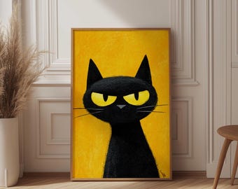Funny Grumpy Black Cat Print, Sketched Animal Art, Yellow Wall Decor, Retro Mustard Poster, Sassy Cat Attitude, Minimalist, Cat Mom Gift