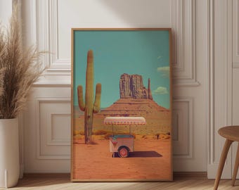 Wes Anderson Style Desert Art, Pink Ice Cream Cart Print, Retro Pastel Wall Decor, Teal and Orange Landscape, Quirky Saguaro Cactus Poster