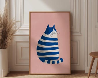 Matisse Style Blue Cat Print, Pink Wall Art, Striped Cat Poster, Naive Art Animal, Funky Nursery Decor, Fauvism, Quirky Cat Lover Gift