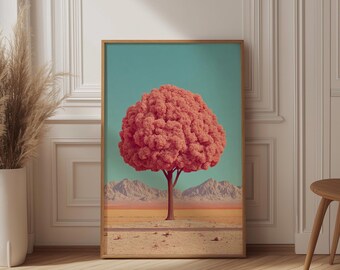 Pink Tree Art Print, Surreal Desert Landscape Poster, Wes Anderson Style Decor, Cherry Blossom Wall Art, Pastel Retro Poster