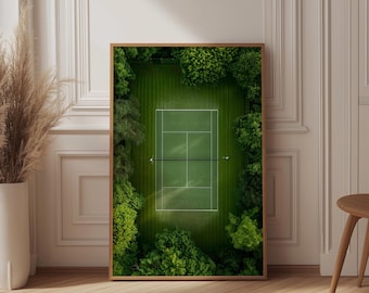Aerial Grass Tennis Court Art Print, Wimbledon Style Symmetrical Poster, Old Money Aesthetic, Green Forest Overhead View, Preppy Sports Art