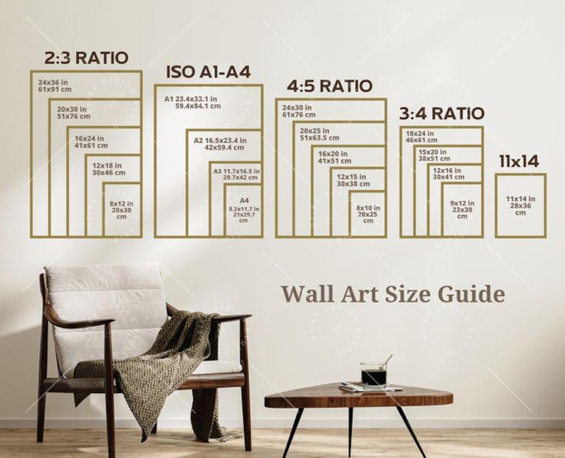 May include: A wall art size guide with various rectangular frame sizes in inches and centimeters. The guide includes ratios like 2:3, 4:5, and 3:4, with dimensions such as 24x36 in (61x91 cm) and 11x14 in (28x36 cm). The text "Wall Art Size Guide" is also present.