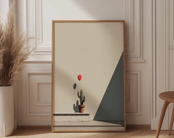 Minimalist Cactus Print, Red Balloon Art, Surreal Desert Poster, Beige Wall Decor, Whimsical Plant Lover Gift, Modern Boho Aesthetic, Zen