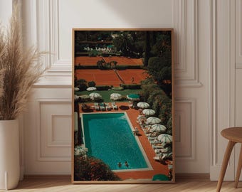 Secluded Red Clay Tennis Court Art Print, Forest Enclosed Overhead View, Old Money Hidden Retreat Aesthetic, Vintage Analog Film Poster