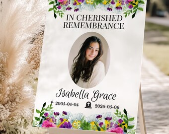 Funeral Sign for Memorial Service, Floral Memorial Welcome Sign, In Cherished Remembrance Poster, Celebration of Life Photo Board