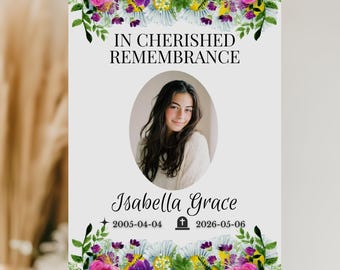 Funeral Sign for Memorial Service, Floral Memorial Welcome Sign, In Cherished Remembrance Poster, Celebration of Life Photo Board