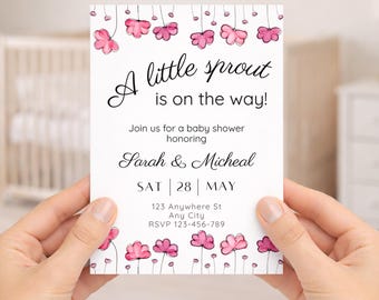 A Little Sprout Is On The Way Baby Shower Invitation, Baby Shower Invites Digital, Girl Baby Shower, Editable Template, Baby In Bloom
