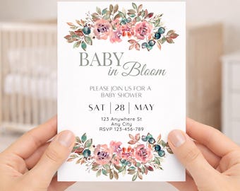 Baby in Bloom Baby Shower Invitation, Baby Shower Invites Digital, Girl Baby Shower, Editable Template, Gender Neutral Baby Shower Invite