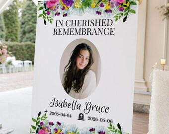 Funeral Sign for Memorial Service, Floral Memorial Welcome Sign, In Cherished Remembrance Poster, Celebration of Life Photo Board