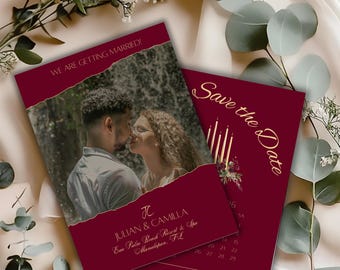 Elegant Burgundy Gold Save the Date Template with Photo, Getting Married Digital Invite, Modern Wedding Announcement, Canva Design