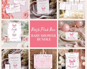 Blush Pink Bow Baby Shower Invitation BUNDLE, Baby Shower Decorations, Instant Download Canva Printables, Editable Baby Shower Signs
