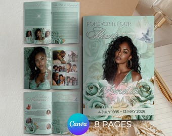 Elegant Funeral Program Template Mint Green, Digital Download For Obituary Program Printable Memorial Template