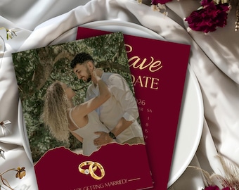 Elegant Burgundy Gold Save the Date Template with Photo, Getting Married Digital Invite, Modern Wedding Announcement, Canva Design