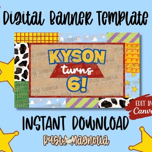 May include: A digital banner template featuring a central rectangular area with a brown textured background, red border, and the text KYSON turns 6!. The surrounding border displays a patchwork of yellow grid, cow print, green texture, and blue sky patterns.