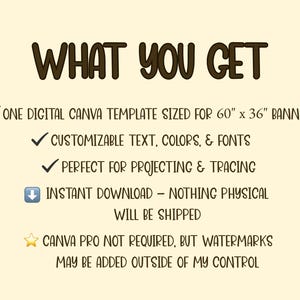 May include: A digital Canva template for a 152 cm x 91 cm banner. Features customizable text, colours, and fonts, ideal for projecting and tracing. Instant download; no physical items will be shipped. Canva Pro not required.