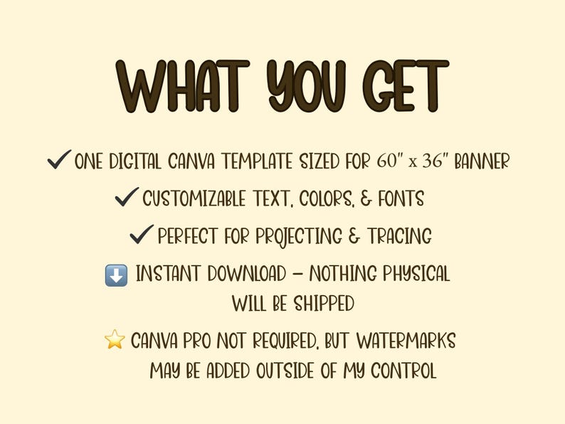 May include: A digital Canva template for a 152 cm x 91 cm banner. Features customizable text, colours, and fonts, ideal for projecting and tracing. Instant download; no physical items will be shipped. Canva Pro not required.