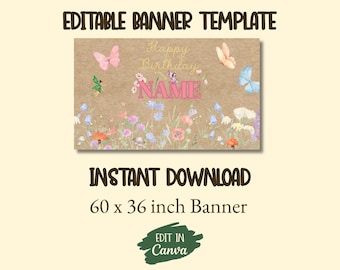 Butterfly Fairy Garden Birthday Banner Template | Editable in Canva | Digital Download