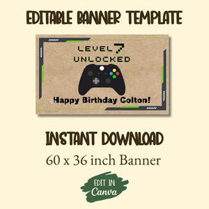 Gamer Birthday Banner Template | Level Unlocked | Editable in Canva | Digital Download image 1