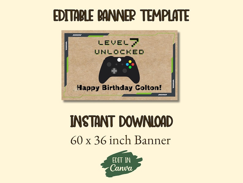 Gamer Birthday Banner Template | Level Unlocked | Editable in Canva | Digital Download image 1