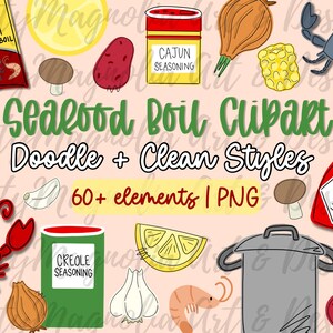 May include: A digital collection of seafood boil clipart featuring illustrations of a crawfish shrimp and crab boil seasoning bag, Cajun and Creole seasoning containers, a grey stockpot, a red hot sauce bottle, lemons, corn, garlic, onions, potatoes, and a crab.