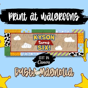 May include: A rectangular digital party banner design featuring a light blue background with yellow sheriff stars. The center panel displays the text Kyson turns SIX! surrounded by colorful patterned borders including cow print, clouds, and stripes.