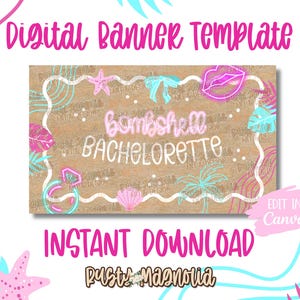 Puede incluir: Una plantilla de banner digital con fondo de papel kraft marrón y borde blanco festoneado. El texto dice Bombshell Bachelorette en rosa y blanco. Los gráficos incluyen una estrella de mar rosa, un lazo azul, labios rosas, un anillo y una palmera.