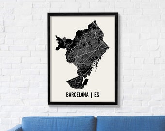 May include: Black and white map print of Barcelona, Spain, with the city name and country code "BARCELONA | ES" at the bottom.