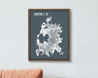 Austin City Blueprint Map Poster, 16 x 20 Art Print of Austin