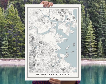 Boston Map Poster, Modern Minimalist Topographical Art Print of Boston in 16 x 20 , 18 x 24, or 24 x 30