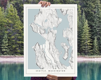 Seattle Map Poster, Modern Minimalist Topographical Art Print of Seattle in 16 x 20 , 18 x 24, or 24 x 30